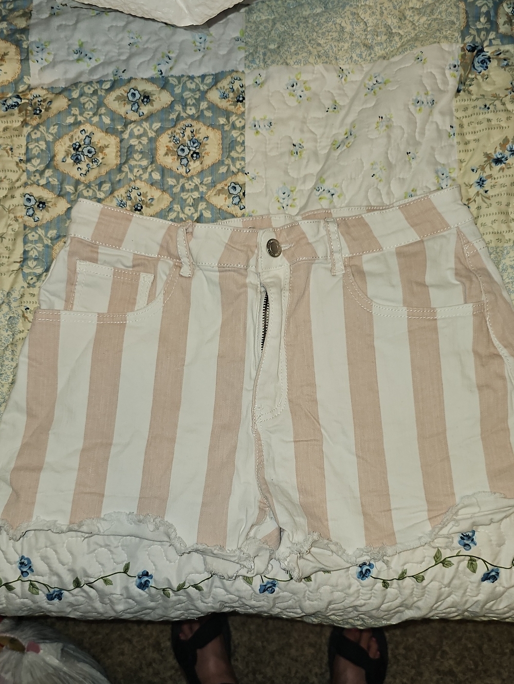 Altar'd State Pink and White Striped High-Rise Jean Shorts